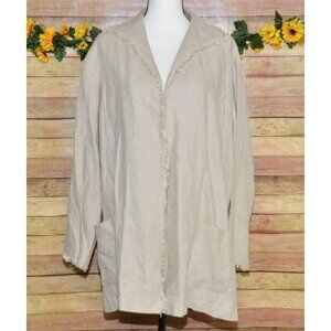 Vintage LAFAYETTE 148 100% Linen Open Front Jacket Size L Raw Trim Neutral Khaki